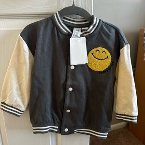 NWT H&M Smiley Face Happy Patch Grey Strip Bomber Jacket Coat Unisex Button